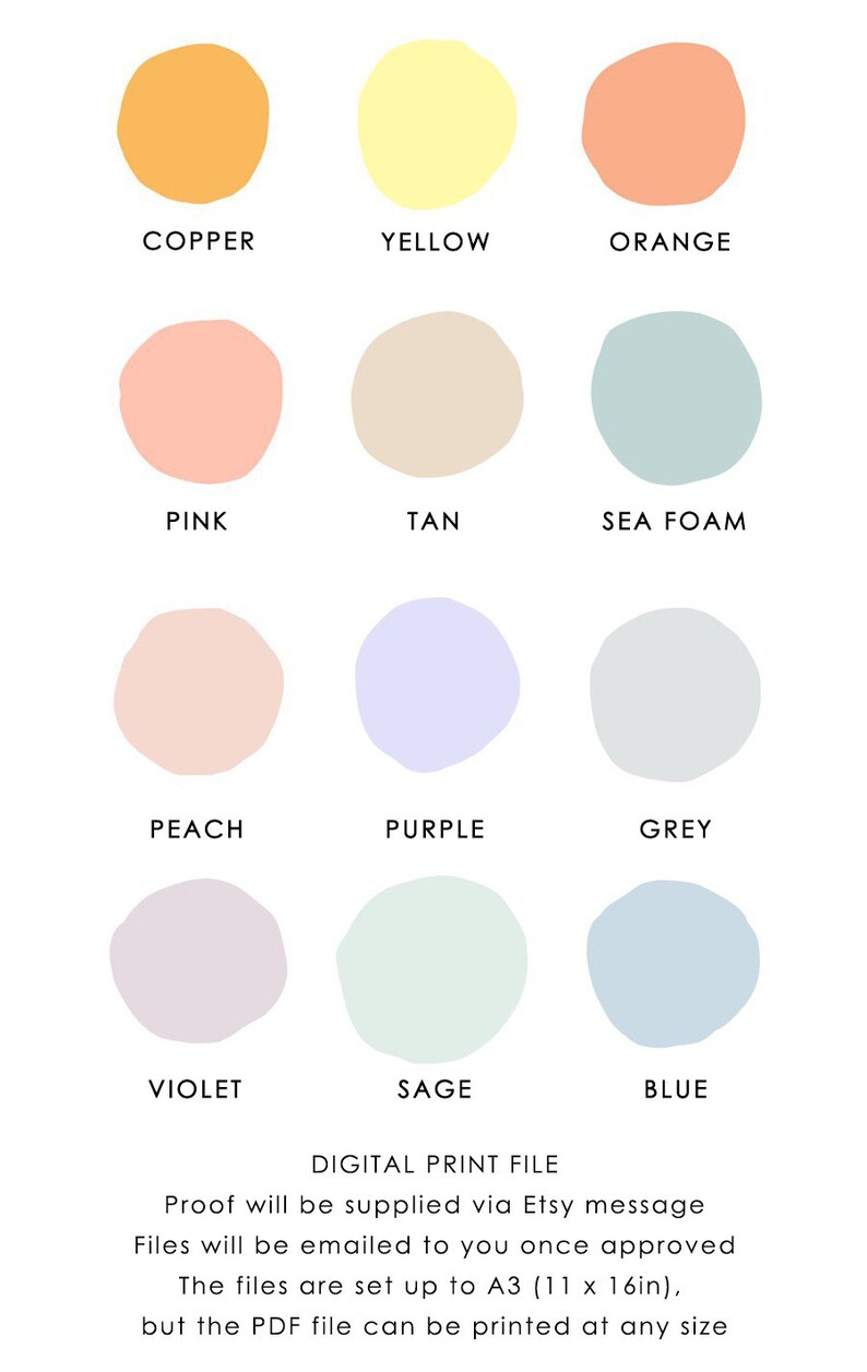 Puede incluir: Un archivo de impresi&oacute;n digital con doce muestras de color en tonos como cobre, amarillo, naranja, rosa, beige, espuma de mar, melocot&oacute;n, morado, gris, violeta, salvia y azul. El archivo est&aacute; configurado en tama&ntilde;o A3 (29,7 x 42 cm).