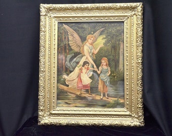 Vintage Schutzengelbild mit Goldrahmen, Kinder auf der Brücke