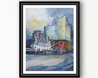 Hamburg harbor and Elfi 46 x 61 cm original large watercolor painting