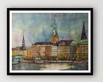 Hamburg view from the Alster to the Junfernstieg - large original watercolor painting 46 x 61 cm