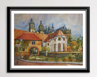 Magdeburg Cathedral - large watercolor 46x61 painting