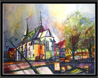 Weimar Stadtkirche St.Peter und Paul large original watercolor 46x61 painting