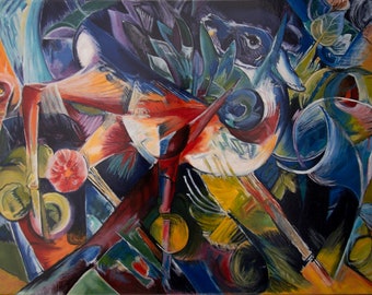 Jumping deer in the flower garden after Franz Marc oil painting 50 x 70 cm