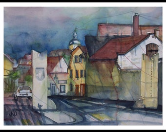 large original watercolour Querfurt Altstadt 46 x 61 cm