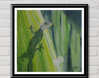 Gecko on leaf 28 x 28 cm original watercolor