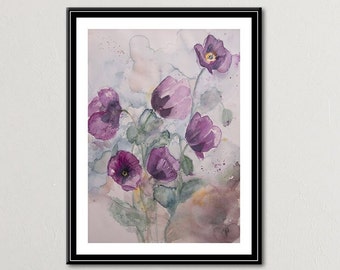 Purple poppies 36 x 51 cm original watercolor