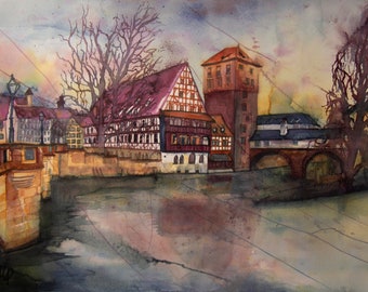 Nuremberg Executioner's Tower with Executioner's Bridge - large original watercolor 46x61