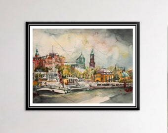 Hamburg Landungsbrücken 46 x 61 cm original large watercolor painting