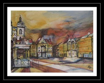 Lutherstadt Wittenberg Markt large watercolor 46x61