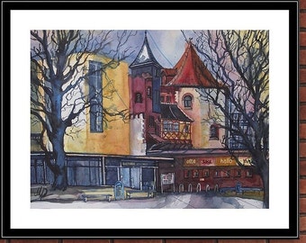 large original watercolor Magdeburg Otto von Guericke center 46 x 61 cm