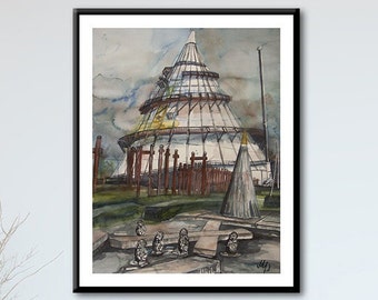 large original watercolor Magdeburg Millennium Tower 46 x 61 cm