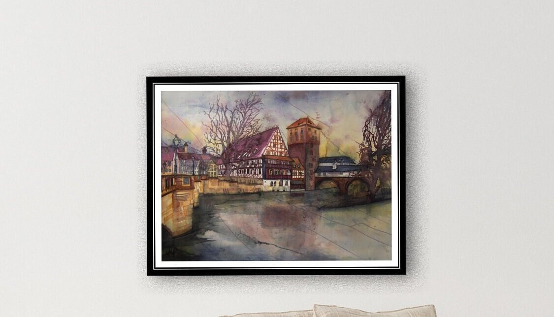 Nuremberg Hangman's Tower with Hangman's Bridge - large original watercolor 46x61