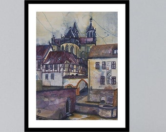 large original watercolor Magdeburg city gate 46 x 61 cm