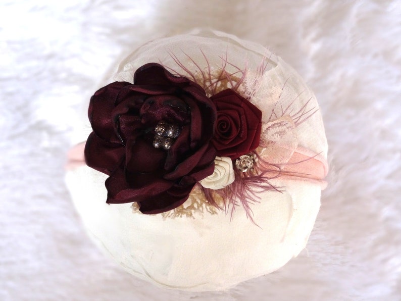 Flower headband Newborn photo props baby photo headband burgundy headband baby headband baptism hair accessories roses bow lace