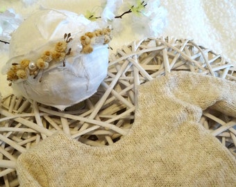 Cream gold knitted bodysuit romper set dried flowers headband newborn photo shoot outfit newborn girl photo props