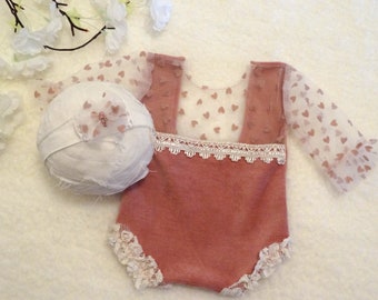 Heart Bodysuit Lace Newborn Outfit Romper Set Bow Headband Newborn Photo shoot Outfit Newborn Girl Photo Props