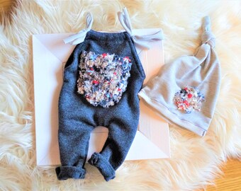 Newborn boy outfit jumpsuit blue patch bag hat baby photo shoot baby photography boy baby photo props