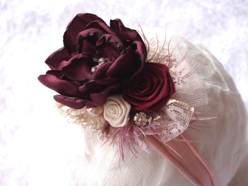Flower headband Newborn photo props baby photo headband burgundy headband baby headband baptism hair accessories roses bow lace
