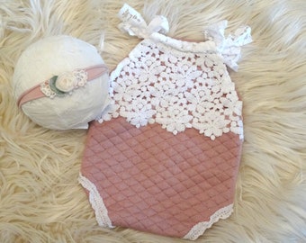 Newborn Outfit mauve lace Baby Girl Bodysuit Headband Baby Photoshoot Baby Photography Baby Fashion Girl Photo Clothes Baby Photo Props