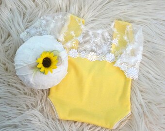 Lace bodysuit yellow headband set newborn outfit baby photoshoot baby photography baby fashion girl photo clothes baby photo props