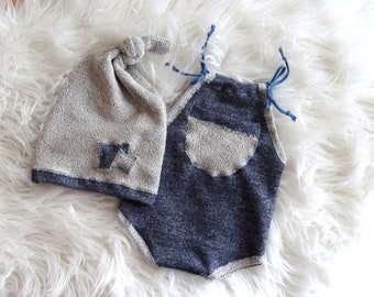 Baby boy outfit bodysuit hat set blue gray newborn photo shoot baby boy baby photography baby clothing for boys baby photo props