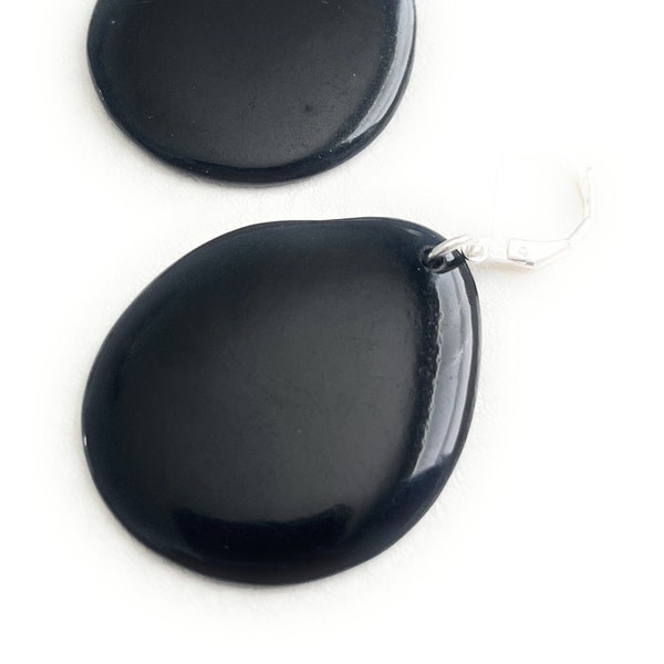Black Tagua Earrings TAG194, Large Black Organic Vegetable Ivory Earrings, Handmade Tagua Jewelry