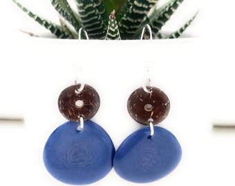 Washed Blue Tagua and Coco Earrings TAG275, Organic Earrings in Red, Handmade Tagua Jewelry