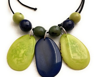 Tagua Necklace in Lime Green and Navy Blue TAG622. Vegetable Ivory Necklace, Handmade Organic Tagua Jewelry,