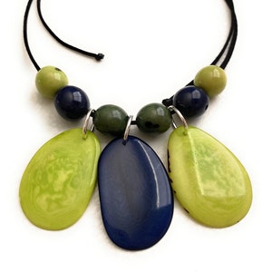 Tagua Necklace in Lime Green and Navy Blue TAG622. Vegetable Ivory Necklace, Handmade Organic Tagua Jewelry,