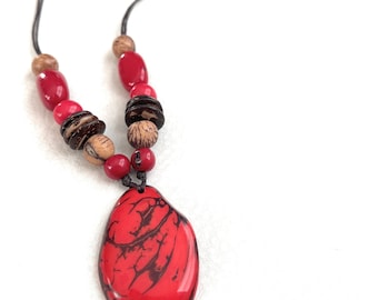 Red, Beige Tagua Necklace TAG612, Vegetable Ivory Necklace, Tagua Nut Necklace, Handmade Jewelry