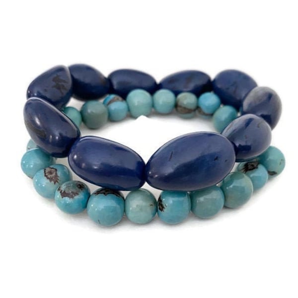 Acai / Tagua Bracelets in Blue  TAG428, 2 Piece Stackable Eco Friendly Bracelet, Handmade Organic Bracelet