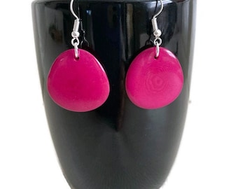 Pink Tagua Earrings TAG272, Fuchsia Organic Vegetable Ivory Earrings, Handmade Tagua Jewelry