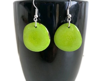 Green Tagua Earrings TAG272, Lime Green Organic Vegetable Ivory Earrings, Handmade Tagua Jewelry