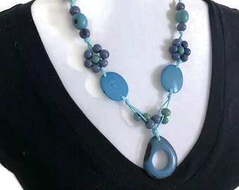 Chunky Statement Necklace Vegetable Ivory Necklace Tagua Necklace in Blue TAG669 Handmade Tagua Nut Necklace Tagua Nut Jewelry