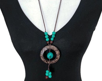 Tagua and Coconut necklace in aqua green TAG735, vegetable ivory necklace, green tagua nut necklace, handmade tagua nut jewelry