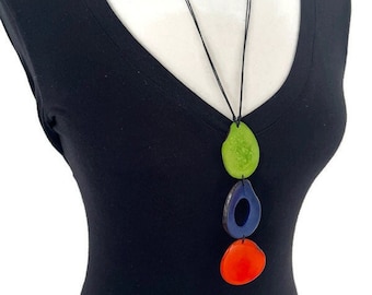 Long Tagua Necklace in Green, Blue, Orange TAG638, Vegetable Ivory Necklace, Tagua Nut  Necklace, Handmade Jewelry