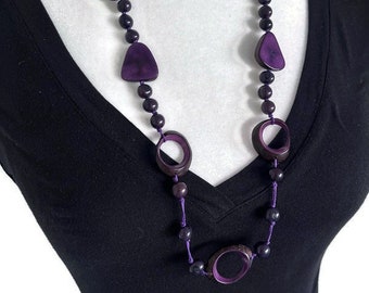 Collier Long Tagua en Violet TAG670, Ensemble Collier et Boucles d'Oreilles Collier Ivoire Végétal, Bijoux Noix de Tagua