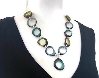 Tagua Necklace in Green and Blue TAG675, Handmade Tagua Nut Jewelry, Statement Necklace