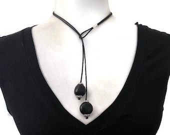 Tagua Necklace in Black TAG672, Vegetable Ivory Choker Wrap Lariat Necklace, Black Tagua Nut Jewelry