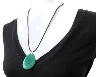 Aqua Green Tagua Nut Pendant Necklace, Handmade Vegetable Ivory Necklace TAG177