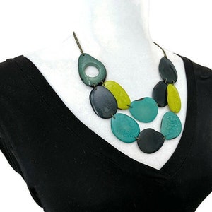 Green Tagua Nut Necklace TAG614. Vegetable Ivory Bib Necklace, Aqua, Lime, Green Handmade Organic Tagua Jewelry, Tagua Nut Bib Necklace