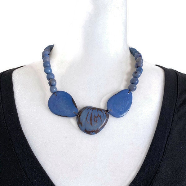 Tagua Necklace in Blue TAG113, Tagua Nut Necklace, Organic Vegetable Ivory Necklace,  Eco Friendly Necklace