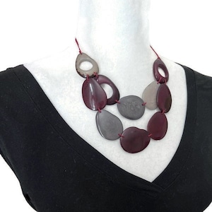 Burgundy and Gray Tagua Nut Necklace TAG614 Vegetable Ivory Bib Necklace Wine Burgundy Handmade Organic Tagua Jewelry Tagua Nut Bib Necklace