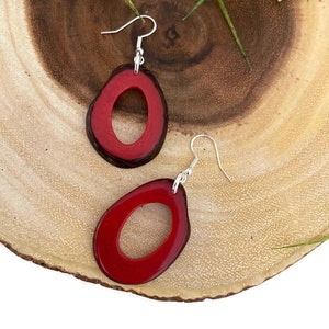 Tagua Nut Earrings in Red TAG197, sterling Silver Handmade Vegetable Ivory Earrings, Tagua Earrings