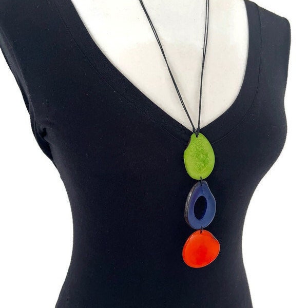 Long Tagua Necklace in Green, Blue, Orange TAG638, Vegetable Ivory Necklace, Tagua Nut  Necklace, Handmade Jewelry