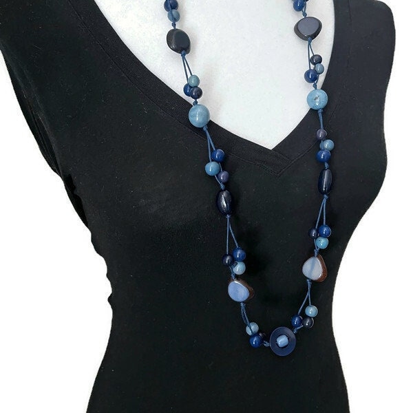 Long Tagua Nut Necklace in BlUE Tag541, Organic Vegetable Ivory Necklace, Tagua Nut Jewelry