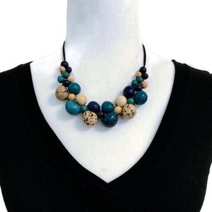 Tagua Nut Necklace and Earings in Blue and Ivory TAG615,  Vegetable Ivory Necklace, Handmade Organic Tagua Jewelry,