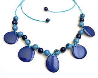 Chunky Statement Necklace Vegetable Ivory Necklace Tagua Necklace in Blue TAG669 Handmade Tagua Nut Necklace Tagua Nut Jewelry