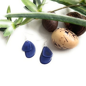 Blue Tagua Nut Earrings TAG229, Organic Vegetable Ivory Earrings in Blue, Handmade Tagua Jewelry