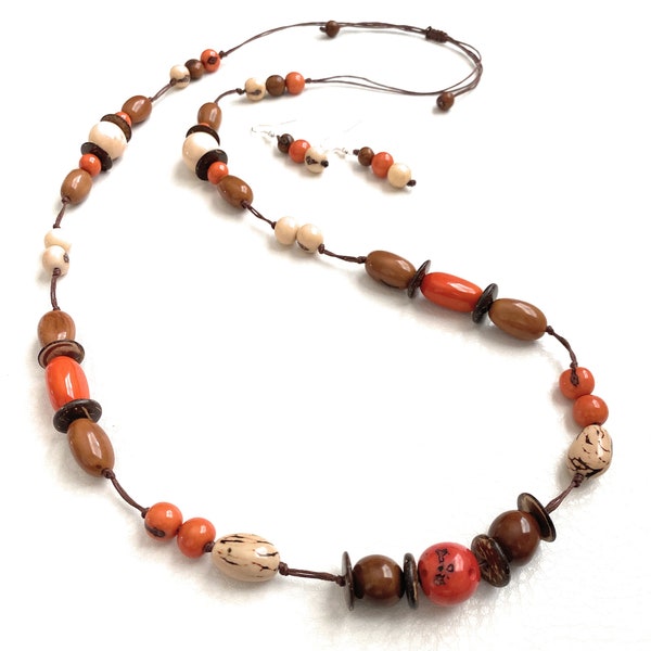 Long Tagua Necklace Set in Orange, Brown, White TAG698, Tagua Nut necklace and Earrings, Organic Necklace Set